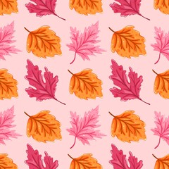Pink Orange Autumn Leaves Seamless Pattern - Cute Fall Foliage Maple Oak Digital Paper Background Seasonal Design