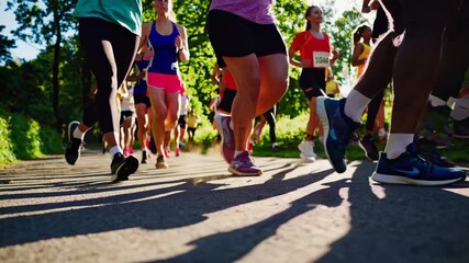 Low-angle video captures a diverse group of runners in vibrant athletic wear, racing through a sunlit park, emphasizing movement and energy.