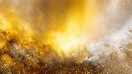 A vibrant golden explosion bursts with fiery smoke and radiating particles,