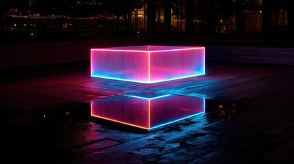 A glowing neon cube emits vibrant colors transitioning from red to blue,