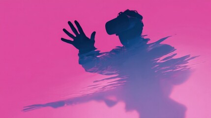 Silhouette of a person wearing virtual reality goggles with hand outstretched against vibrant pink gradient background,