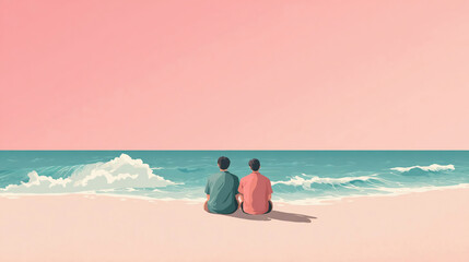 Fototapeta premium summer concept, two man sitting together on beach, friendship couple love romance. flat cartoon , holiday banner for hotel resort