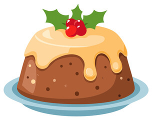 Festive Christmas pudding on blue plate with holly berries and leaves illustration