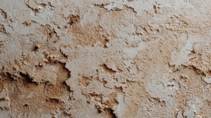 Aged and weathered wall surface with uneven splatters and patches, varying between off-white and darker brown hues,
