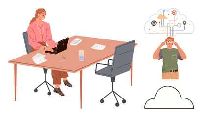 Office employee working on laptop, pondering innovator imagining cloud with interconnected ideas and gears. Ideal for creativity, teamwork, ideation, innovation, communication, collaboration