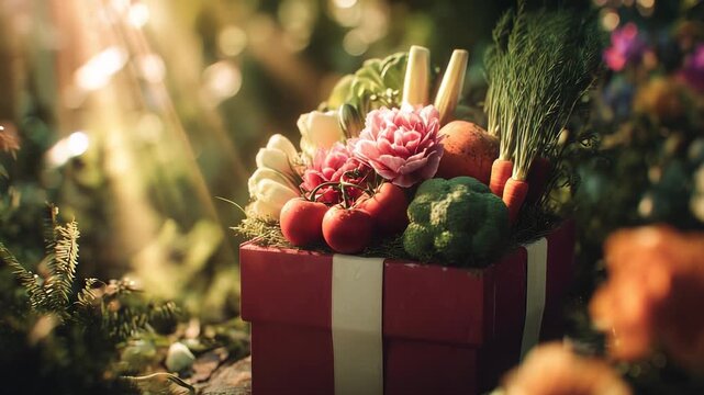 In a vibrant garden, a red gift box filled with tomatoes and flowers catches sunlight while tomatoes and flowers nestle among green leaves. Tomatoes and flowers complement carrots