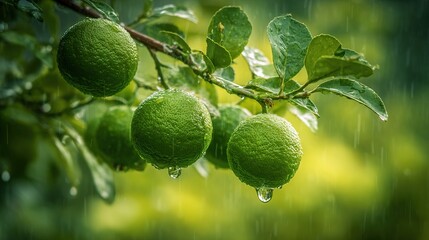 moisture. Vibrant green sudachi limes hanging from a rain-moistened branch with water droplets. menu design, packaging mockups, designed for culinary blogs and recipe cards for restaurants.