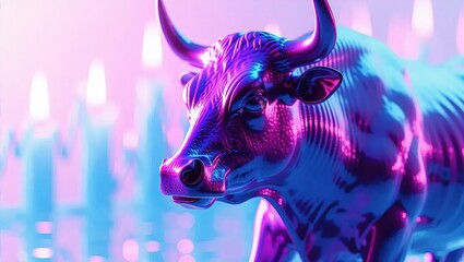 Futuristic Neon Bull Symbolizing a Strong Stock Market.