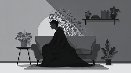 mental health, anxiety - depression negative emotion concept , silhouette person sitting on sofa cover with blanket