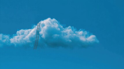 A surreal scene with a large white cloud in a clear blue sky,