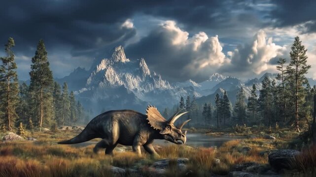 Triceratops grazing near a tranquil lake surrounded by majestic mountains and dramatic skies