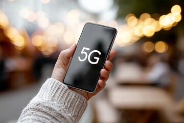 Close-up of a hand holding a modern smartphone with 5g symbol