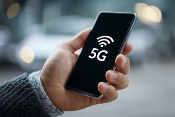 Close-up of a hand holding a modern smartphone with 5g symbol