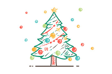 Cute Christmas tree with colorful ornaments, simple outline, kids clipart