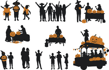Halloween silhouette people carving pumpkins, celebrating in costumes, parade float, family activity, spooky decorations, festive vector illustration for seasonal content
