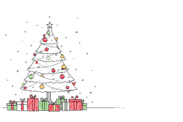 Cute Christmas tree with ornaments and presents, simple cartoon outline, kids card