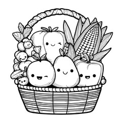 Cute cornucopia with autumn harvest food, simple cartoon outline, kids coloring page