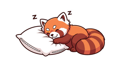 Fototapeta premium A cartoon red panda is sleeping soundly on a white pillow, dreaming sweet dreams.