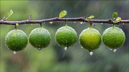moisture. Vibrant green sudachi limes hanging from a rain-moistened branch with water droplets. menu design, packaging mockups, designed for culinary blogs and recipe cards for restaurants.
