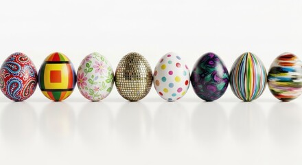 Eight vibrantly patterned eggs, each unique, neatly lined on a white reflective surface