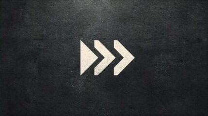 Modern minimalist graphic design with three white arrows pointing right on a dark textured rough surface,