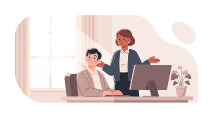 Businesswoman guiding male colleague at desk with computer, office teamwork illustration concept