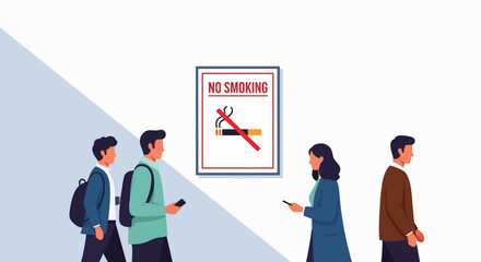 Flat vector illustration depicting diverse pedestrians in a clean urban setting, prominently featuring a 'No Smoking' sign to emphasize public health regulations and a smoke-free environment