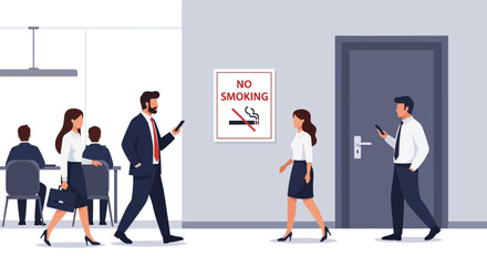 Modern office scene showing business professionals walking and using smartphones, illustrating the digital age in a corporate environment with a no smoking sign