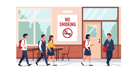 Students walking out of a school building with a 'No Smoking' sign visible