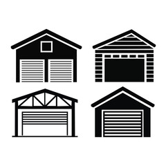 A set of four different black silhouette icons representing various architectural styles of residential and commercial garages.