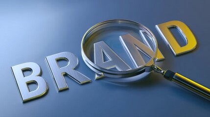 Metallic BRAND letters on gradient blue background with magnifying glass focusing on letter A,