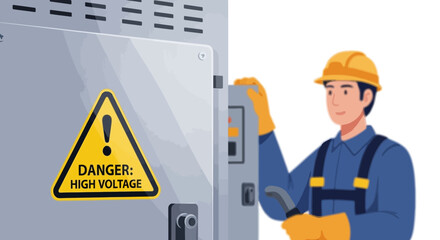 Electrician wearing a hard hat and uniform inspects a high-voltage danger sign on electrical equipment