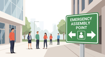 People maintaining distance at an emergency assembly point sign during a safety drill or evacuation