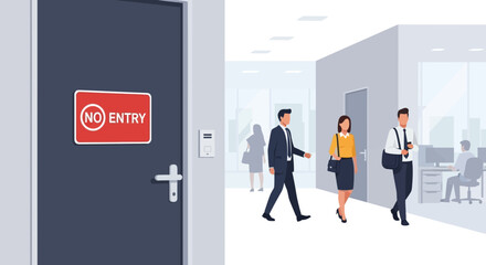 A vector illustration of a corporate office interior with a prominent "No Entry" sign on a closed door, symbolizing a restricted or confidential area