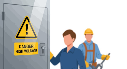 Electrical Safety Workers Inspecting High Voltage Cabinet with Danger Sign