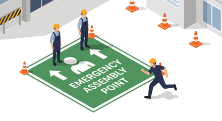 Isometric Illustration of Workplace Safety Protocol Employees Gathering at an Emergency Assembly Point for Evacuation and Disaster Preparedness, Emphasizing Business Continuity and Worker Protection