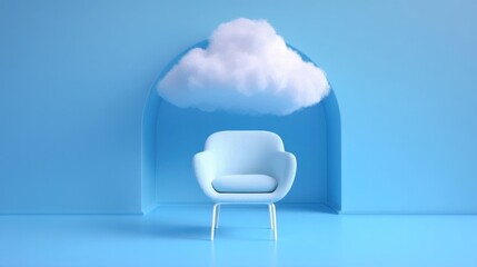 A sleek Scandinavian style chair with curved backrest sits in a modern monochromatic blue interior,