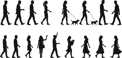 Walking and standing silhouettes, everyday human activities, people with dogs, family interaction, casual lifestyle, social behavior, motion, community, urban life illustration