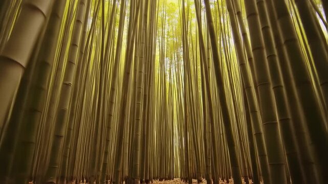 Tall bamboo stalks fill a dense forest