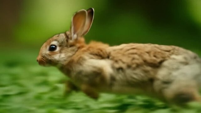 A rabbit swiftly hops through lush green foliage in a vibrant forest setting
