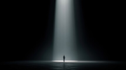 A solitary figure stands in the center of an expansive dark room illuminated by a single vertical light beam,