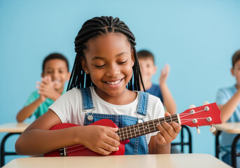 Smiling young girl playing red ukulele in classroom while classmates clap in background, joyful music education activity