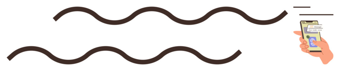 Wavy lines paired with a hand holding a phone displaying a chat message emphasize digital communication, connectivity, and messaging. Ideal for technology, networking, social media, digital