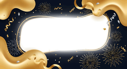 Festive Celebration Background with Golden Waves, Confetti, and Fireworks on Dark Blue