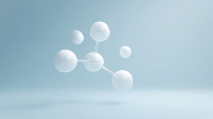 Abstract molecular structure with white spheres and rods representing atoms and bonds on light blue background,