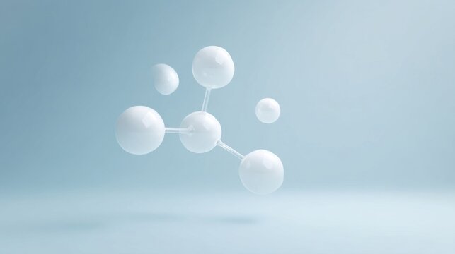 Abstract molecular structure with white spheres and rods representing atoms and bonds on light blue background,