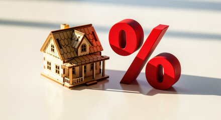 Model house next to large red percent symbol representing real estate mortgage rates and changing loan interest concepts in sunlight