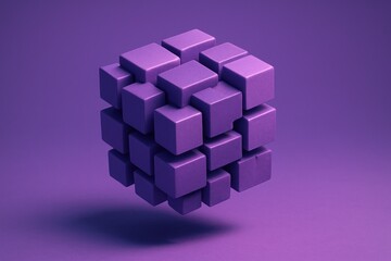 Floating purple cube made of smaller cubes on monochromatic purple background, modern 3D