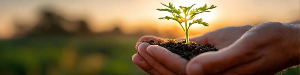 Fototapeta premium Close-up of gentle cupped hands holding a young seedling with soil and roots at sunset