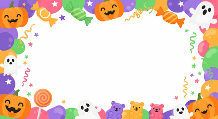 Halloween Border of Cute Pumpkins, Ghosts, Balloons and Candies for Festive Invitations